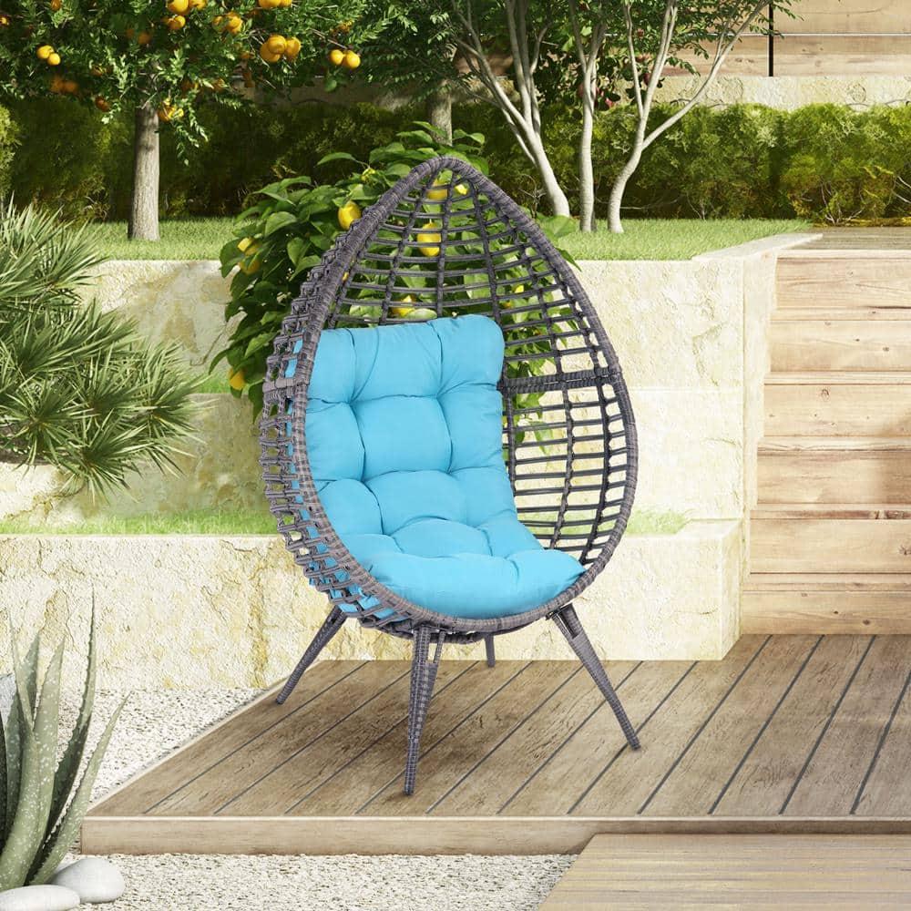 Outsunny Egg Chair w/ Soft Cushion, Teardrop Cuddle Seat, Outdoor / Indoor, PE Plastic Rattan Furniture, Adjustable Height, sky Blue