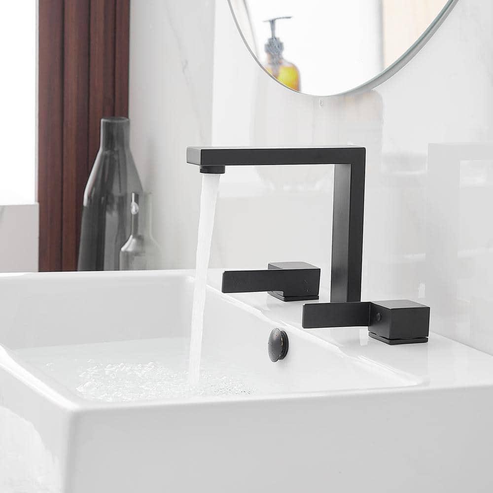BWE 8 in. Widespread Double Handle Bathroom Faucet Water-Saving With Drain Kit In Matte Black