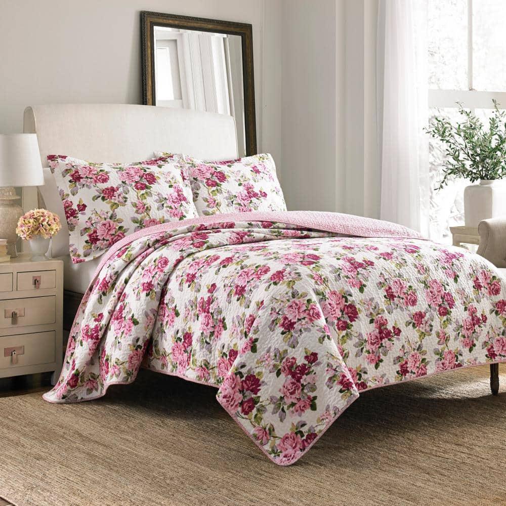Laura Ashley King Lidia Quilt and Sham Set Pink: Floral Bedding, Pre-Washed, Machine Washable
