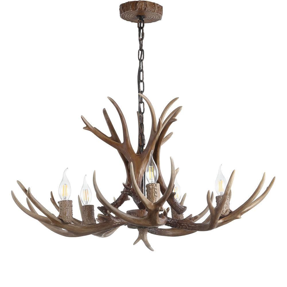 JONATHAN Y JYL6300A Eldora 30" Adjustable Resin Antler 5-Light LED Chandelier, Farmhouse, Rustic, Cottage, Transitional for living room, dinning room, bedroom, office Bulb Included, Brown