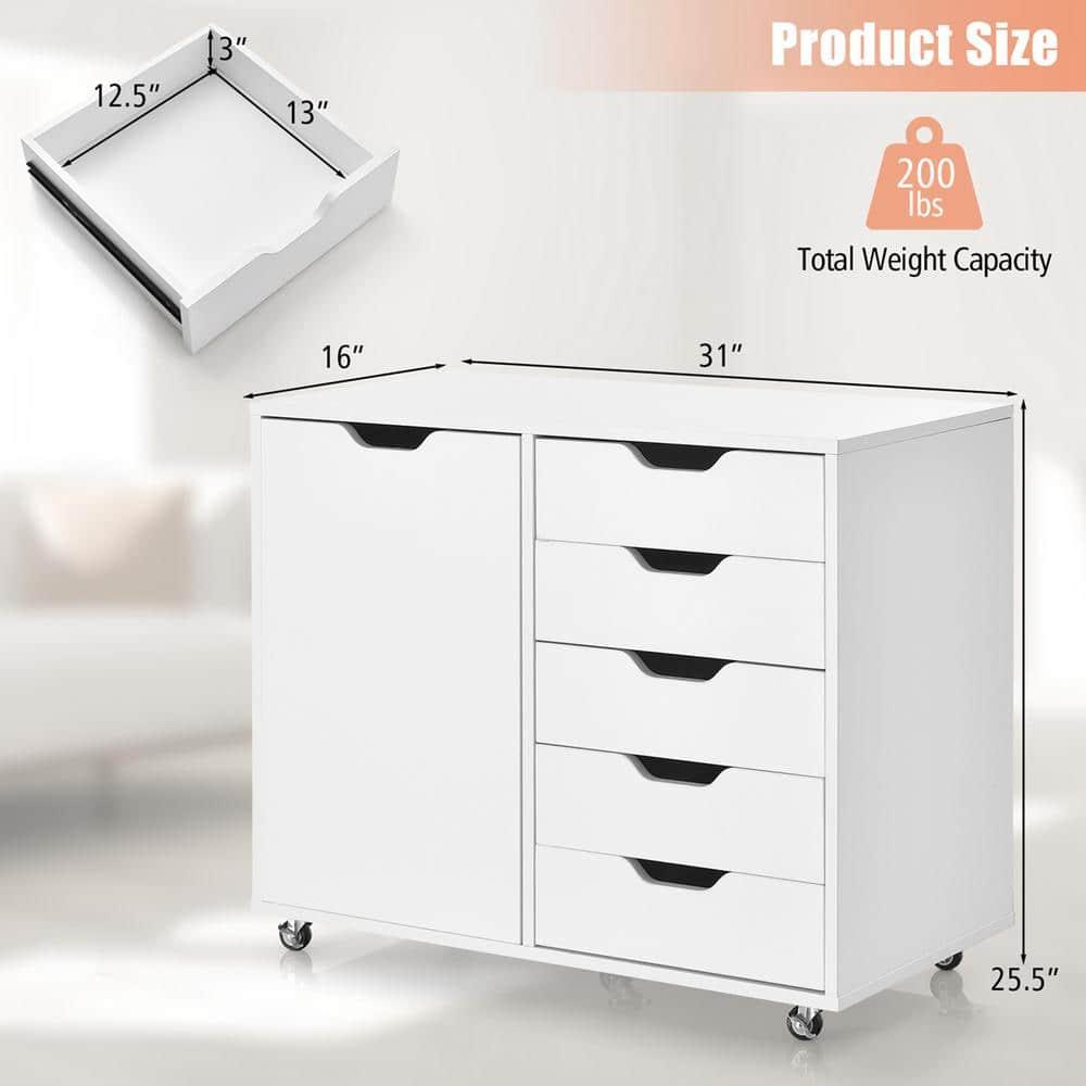 5-Drawer Chest with 1 Door, Wooden Chest of Drawers Storage Dresser Cabinet with Wheels, Office Organization and Storage, Bedroom Furniture (White-S)