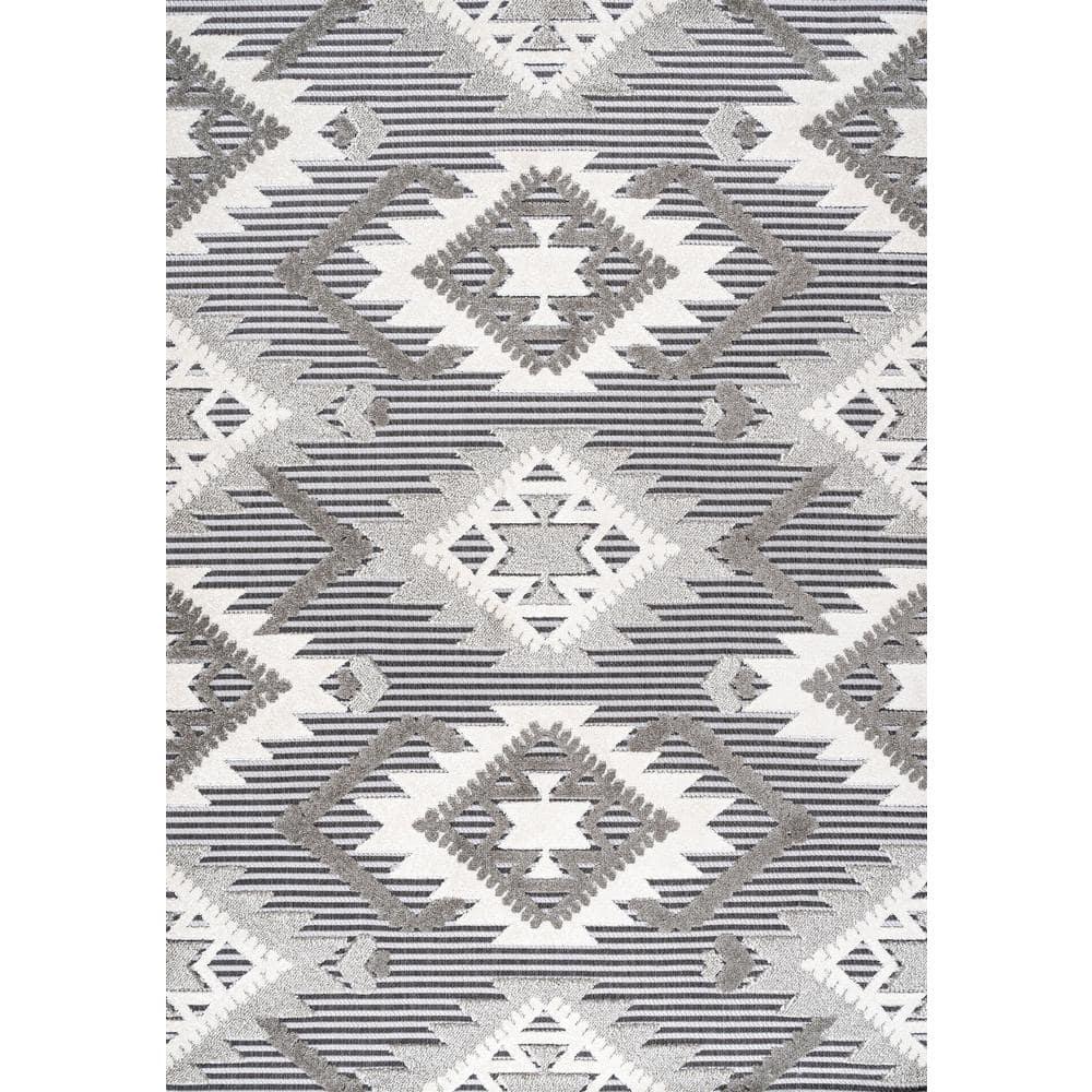 8'x10' Sumak High-Low Pile Neutral Diamond Kilim Indoor/Outdoor Area Rug, Gray/White/Black - JONATHAN Y