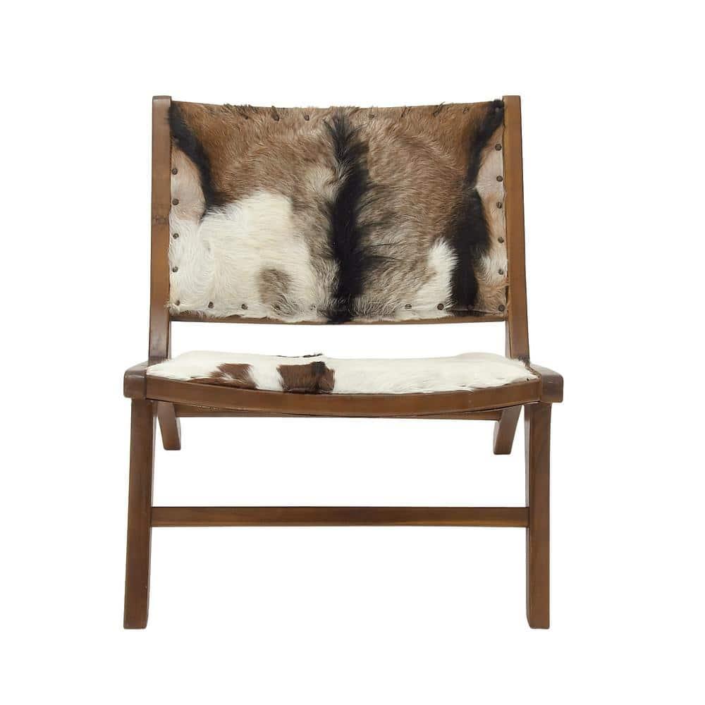 Set of 2 Rustic Goat Leather and Teak Accent Chairs Brown - Olivia & May: No Assembly, Indoor Use