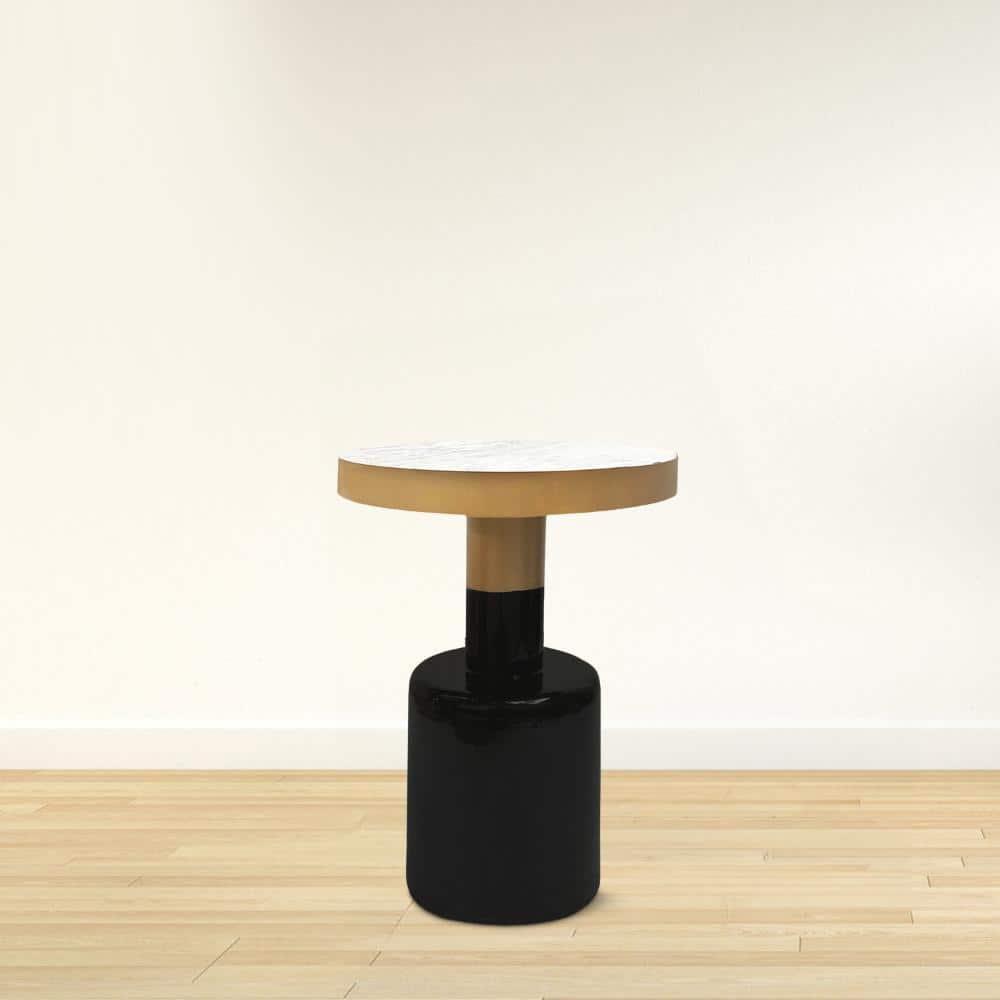 The Urban Port 20" Round Side End Table Gold Banded Natural White Marble Top Black Enamel Coated Iron Pedestal Base White/Gold