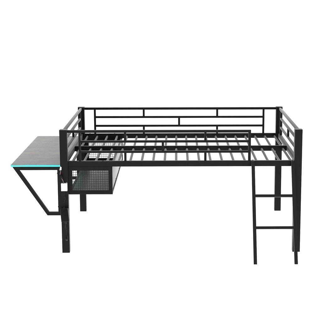 DreamBuck Full Size Gaming Loft Bed with Desk, LED and Storage Space, Metal Loft Bed Frame with Vented Mesh Undercarriage Storage, Modern Full Loft Beds for Teens, No Box Spring Needed