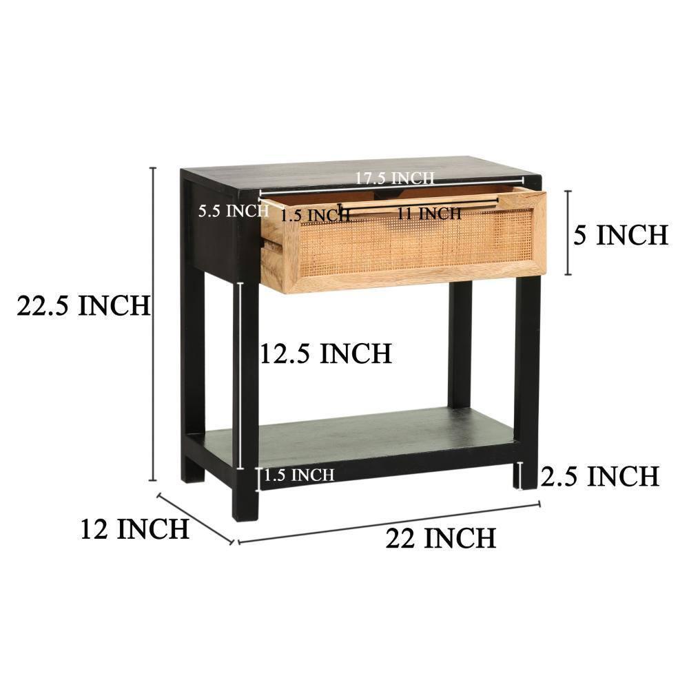 Benzara 22" Side Table with Rattan Front Drawer and Open Shelf Mango Wood Frame Black/Brown