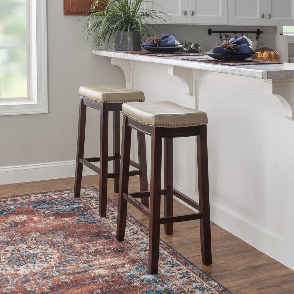 Linon Claridge Backless Faux Leather Nailhead Saddle Barstool Beige : Upholstered, Rubberwood Legs, Fixed Height