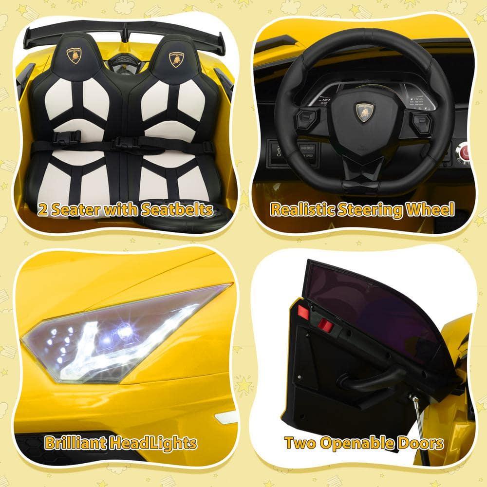 Tobbi 24V Lamborghini 2-seater Battery Powered Ride on with High/Low speed switch, Slow start function, Battery level display, MP3, USB, Light Drift Car for Kids 3-8