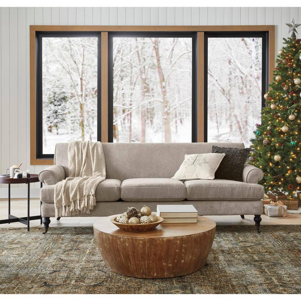 The Urban Port Drum Shape Wooden Coffee Table with Plank Design Base, Distressed Brown