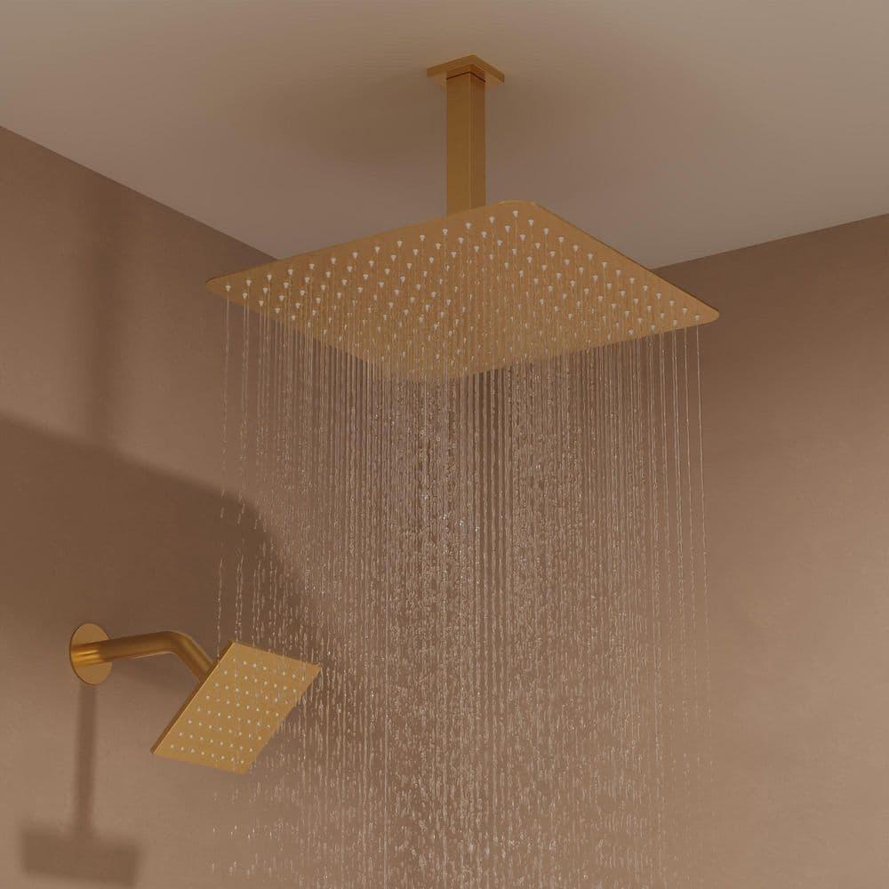 GRANDJOY 16 inch Complete Dual Shower Head System, Celling Mounted Shower Faucet Set with Hand Shower Head, Rough in-Valve, 6 Massage Body Jets - Brushed Gold