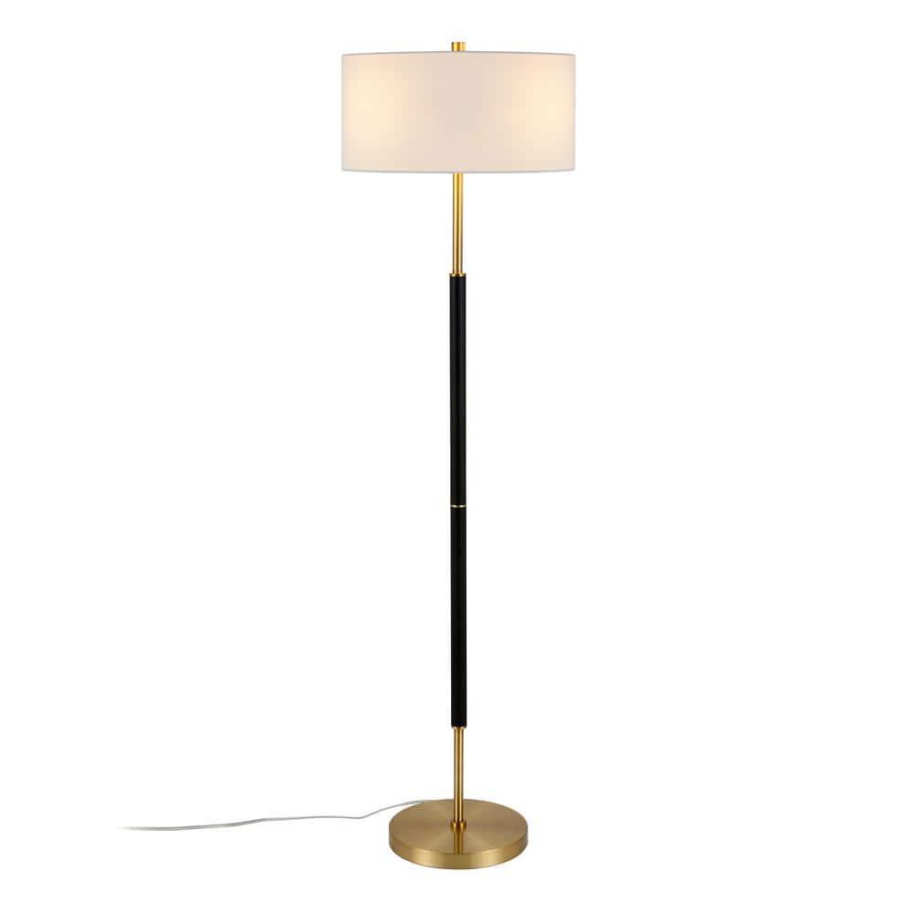 Evelyn&Zoe Simone 2-Light Floor Lamp with Fabric Shade, Matte Black/Brass/White