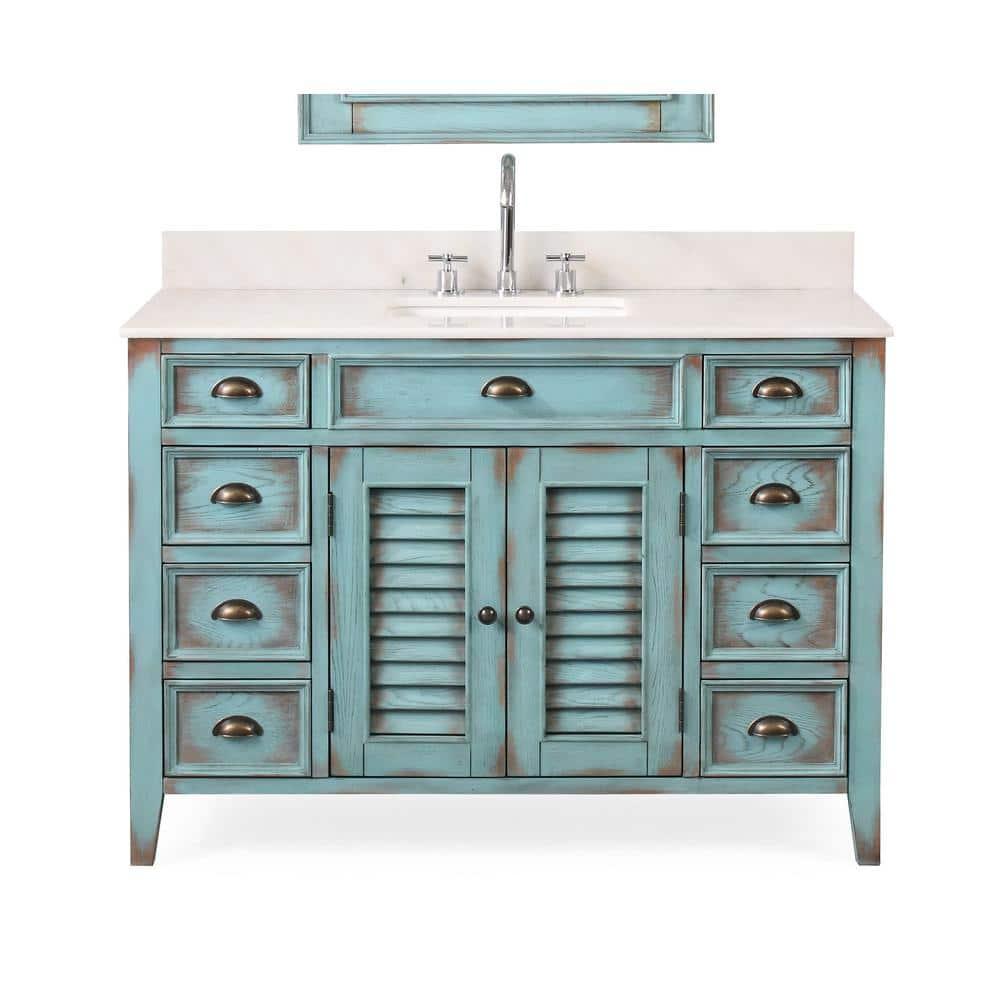 46 Inch Abbeville Distressed Blue Finish Cottage Plantation Style Bathroom Vanity with White Marble Stone Top, 4 Functional Drawers, Undermount Sink, Hardware Included