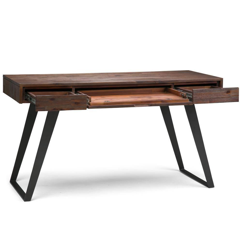 Simpli Home Lowry Solid Acacia Wood Desk, Industrial Style with Keyboard Tray and 2 Drawers