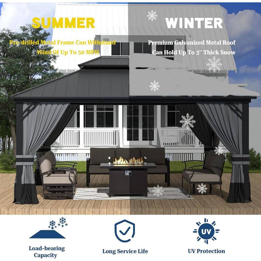 Kozyard Kozyard Alexander Gray Double Roof Hardtop Gazebo with Privacy Curtain Mosquito Netting