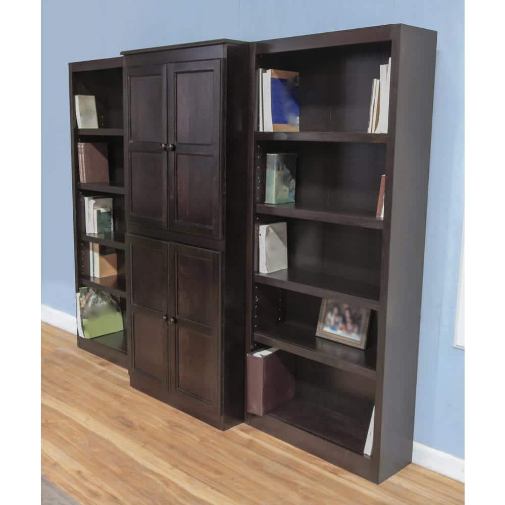 Concepts in Wood 15 Shelf Bookcase Wall with Doors, 72 inch Tall - Espresso Finish