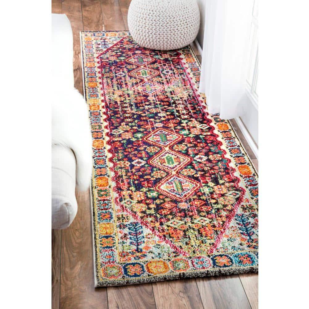 Erline Colorful Bohemian Black and Multicolor Runner Rug