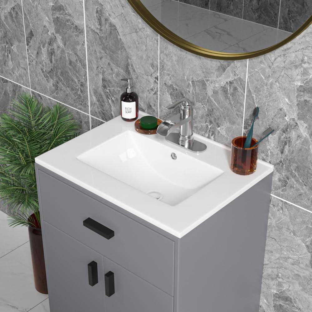 Sarlai 24 Inch Bathroom Vanity Sink Tops - White Drop In Bathroom Sink Ceramic Topmount Rectangular Vanity Top with Overflow