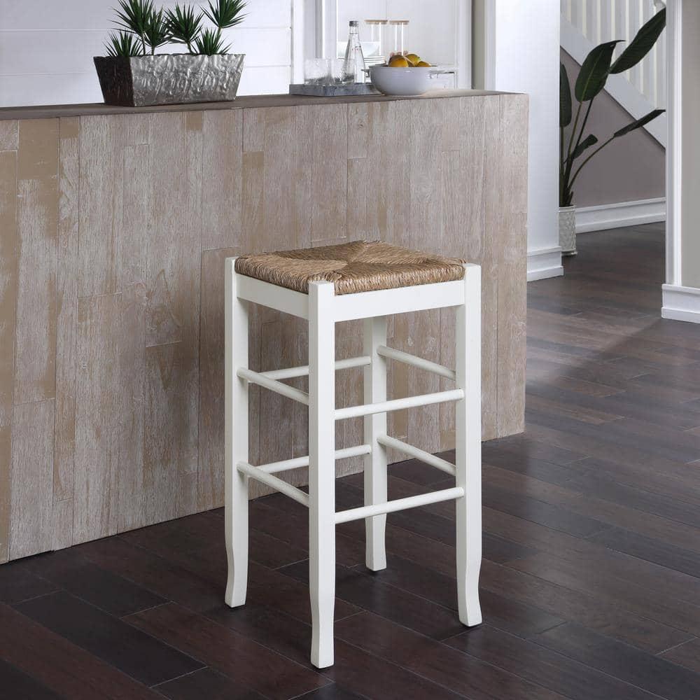 29" Rush Seat Hardwood Barstool White - Boraam: Solid Frame, Double Stretcher Bars, Handwoven Seat