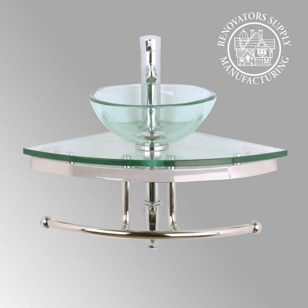 The Renovators Supply Inc. 10889 Round Corner Glass Wall Mount Bathroom Vessel Sink with Chrome Faucet Towel Bar