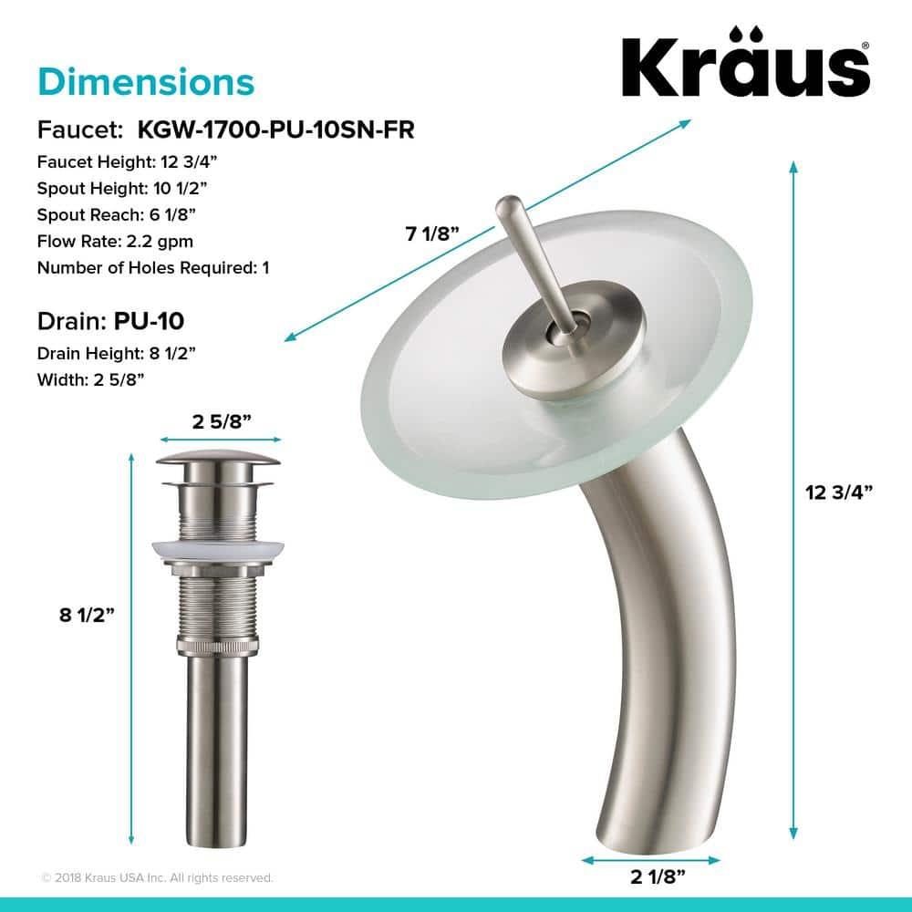 KRAUS Tall Waterfall Bathroom Faucet for Vessel Sink with Frosted Glass Disk and Pop-Up Drain, Satin Nickel Finish