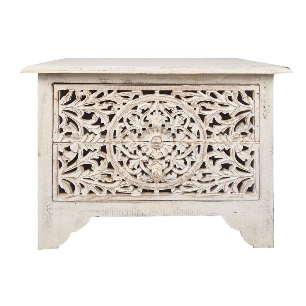 The Urban Port 24" Handcrafted Mango Wood Nightstand Side Table 2 Drawers Floral Carved Cut Out Design Antique White