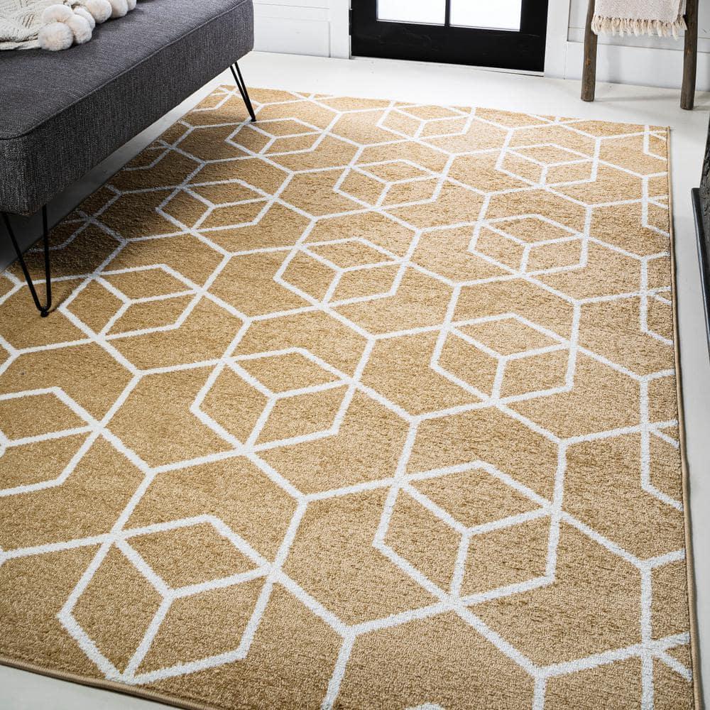 5'x8' Tumbling Blocks Modern Geometric Area Rug, Gold/White - JONATHAN Y