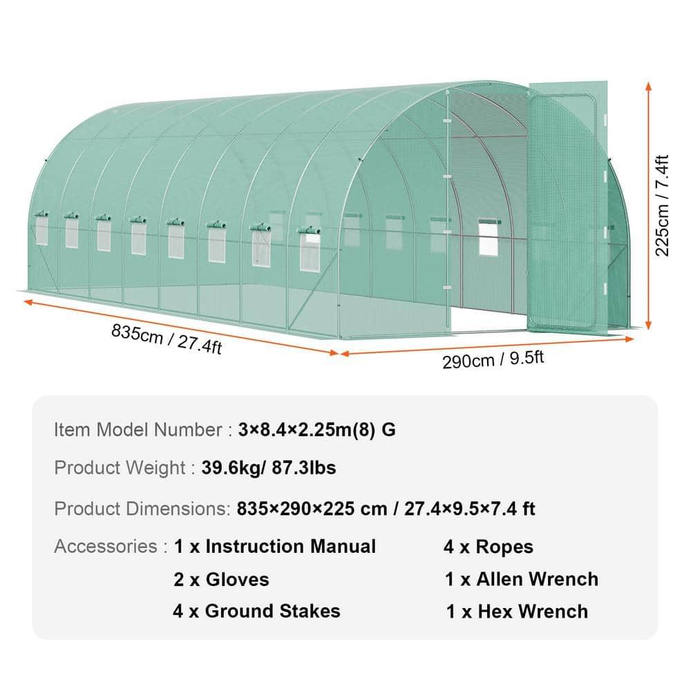 VEVOR Walk-in Tunnel Greenhouse, 27.4x9.5x7.4 ft Hoop House Greenhouse Tunnel, Plant Hot House with Galvanized Steel Frame, Green PE Cover, Swing Door and 16 Roll-up Windows for Outdoor