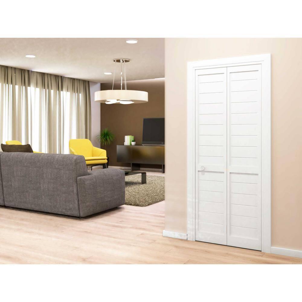 EightDoors 80-in Louvered Wood Finished Painted Flat Bi-Fold Door