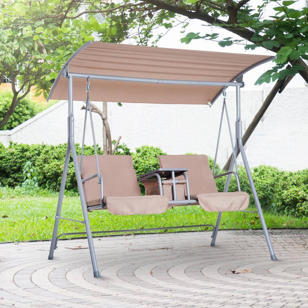 Outsunny 2 Person Porch Swing with Stand, Outdoor Swing with Canopy, Pivot Storage Table, 2 Cup Holders, Cushions for Patio, Backyard, Beige