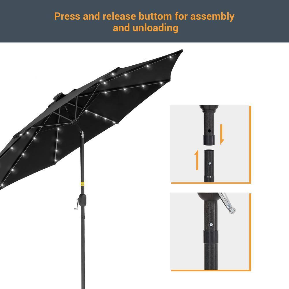 9 ft. Solar Lighted LED Outdoor Patio Market Table Umbrella in Black, UV-Resistant Canopy and Tilt Button