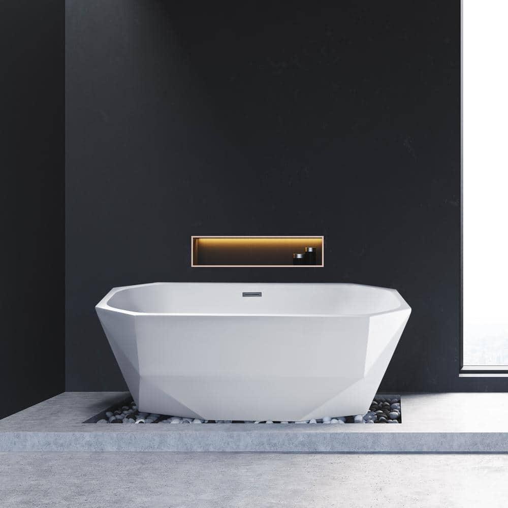 59" Streamline Freestanding Soaking Acrylic Bathtub With Drain and Bamboo Tray