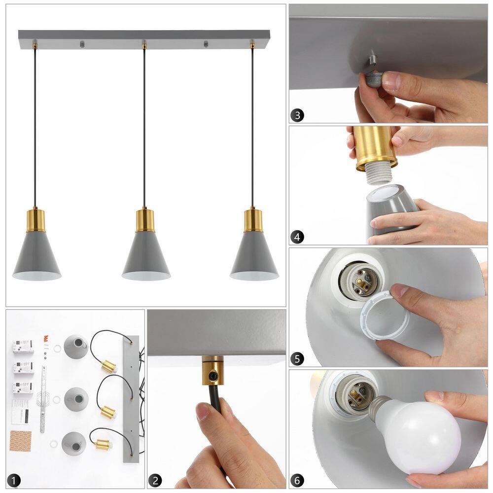 Apollo 33.5" 3-Light Mid-Century Modern Iron Adjustable Linear LED Pendant, White/Brass Gold