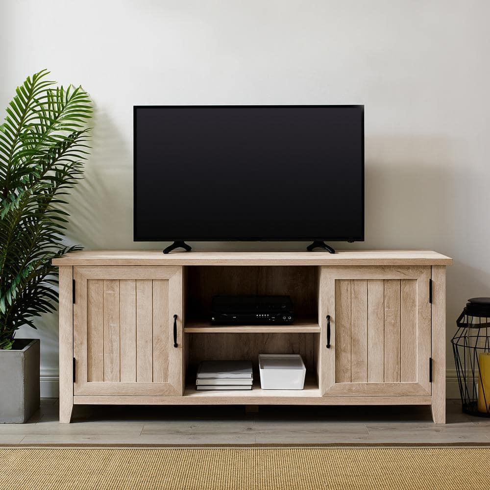 Transitional Grooved-Door 58" White Oak TV Stand with Cabinet