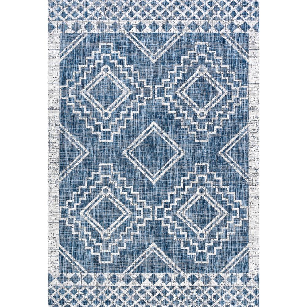 3'x5' Marokko Diamond  Medallion Indoor/Outdoor Area Rug, Blue/Ivory - JONATHAN Y
