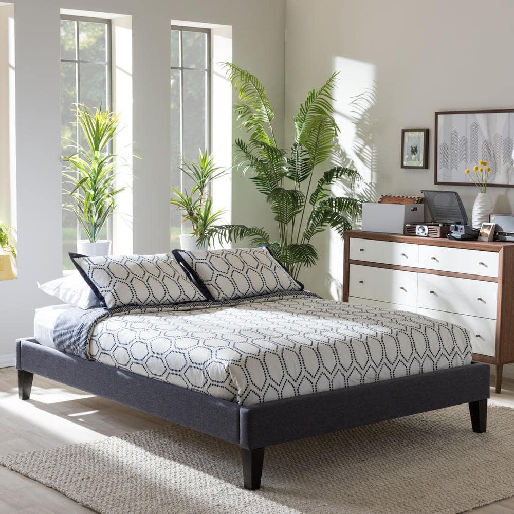 Baxton Studio Full Lancashire Modern and Contemporary Fabric Upholstered Bed Frame with Tapered Legs Dark Gray: No Box Spring Needed