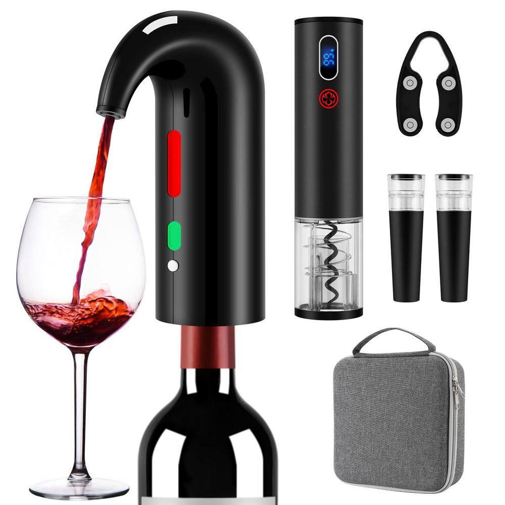 Wine Opener Christmas Day Gift Set with Electric Wine Bottle Opener, Wine Decanter&Wine Aerator and Pourer, wine stopper, Foil Cutter and EVA Storage Bag, Rechargeable and Automatic(Black)