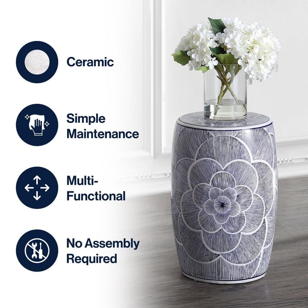 JONATHAN Y Camellia 17" Ceramic Drum Garden Stool, Blue