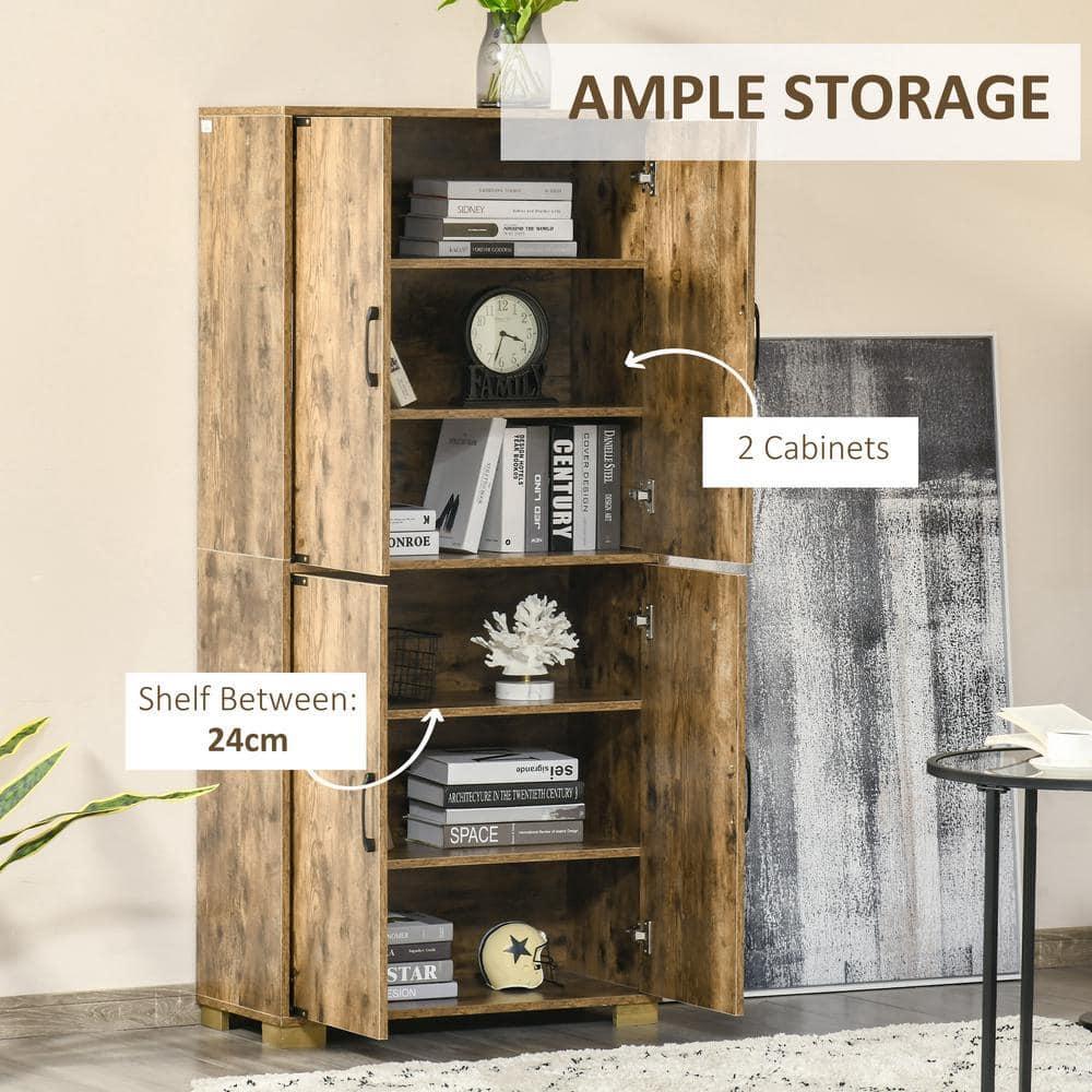 HOMCOM Industrial Style 4-Door Cabinet Pantry Cupboard with Storage Shelves for Bedroom and Living Room, Rustic Wood