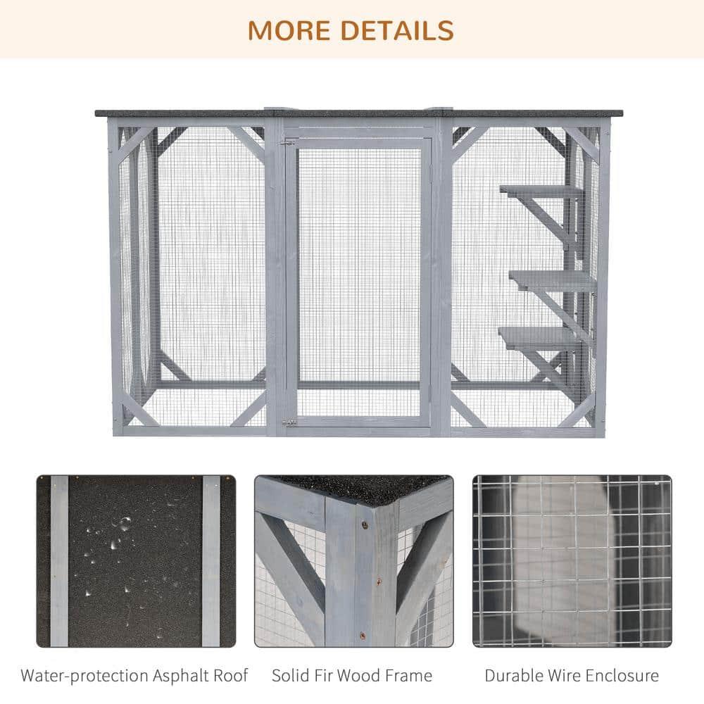 PawHut Outdoor Cat House, Catio Wooden Feral Cat Shelter, Cat Cage with Platforms, Large Enter Door, Weather Protection Asphalt Roof, 71" L, Gray