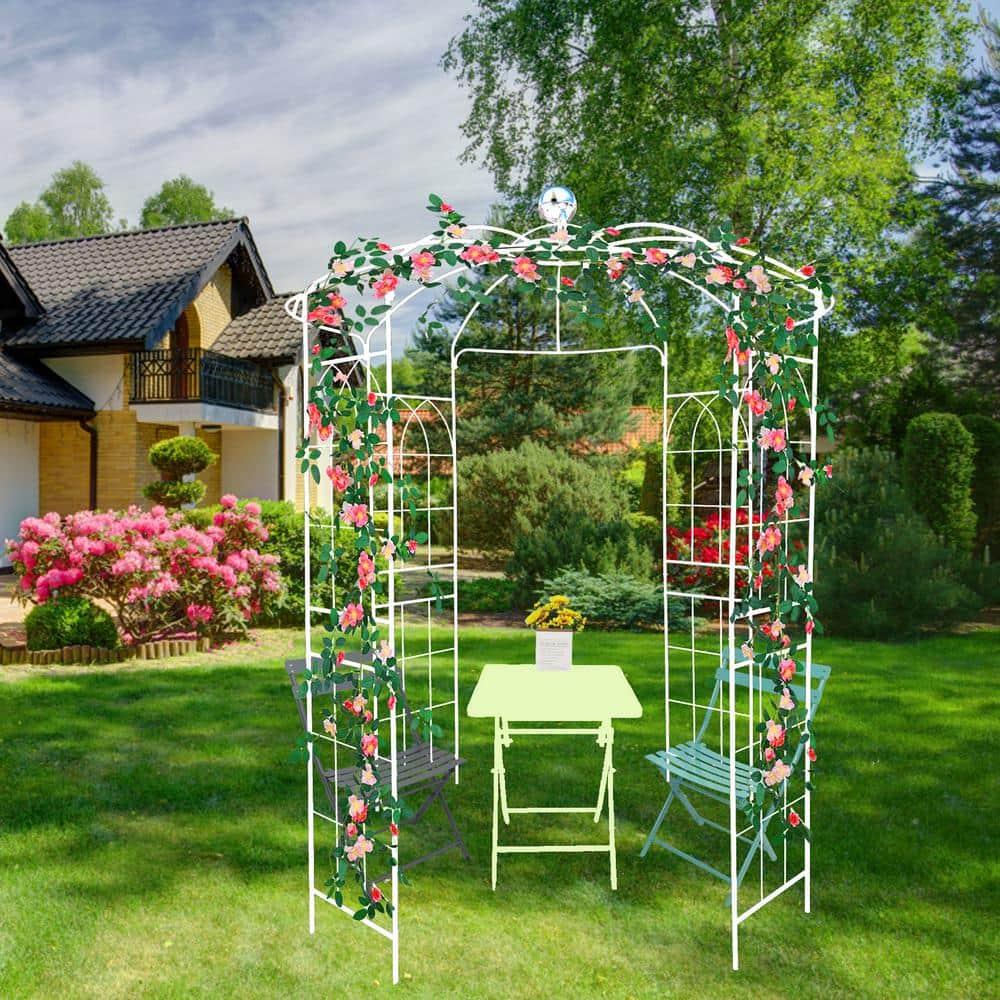 ANYHI Metal Garden Arch Iron Garden Arbors Gazebo Dia 81.3'' x 114.2'' High Birdcage Shape Pergola Pavilion for Wedding Ceremony White