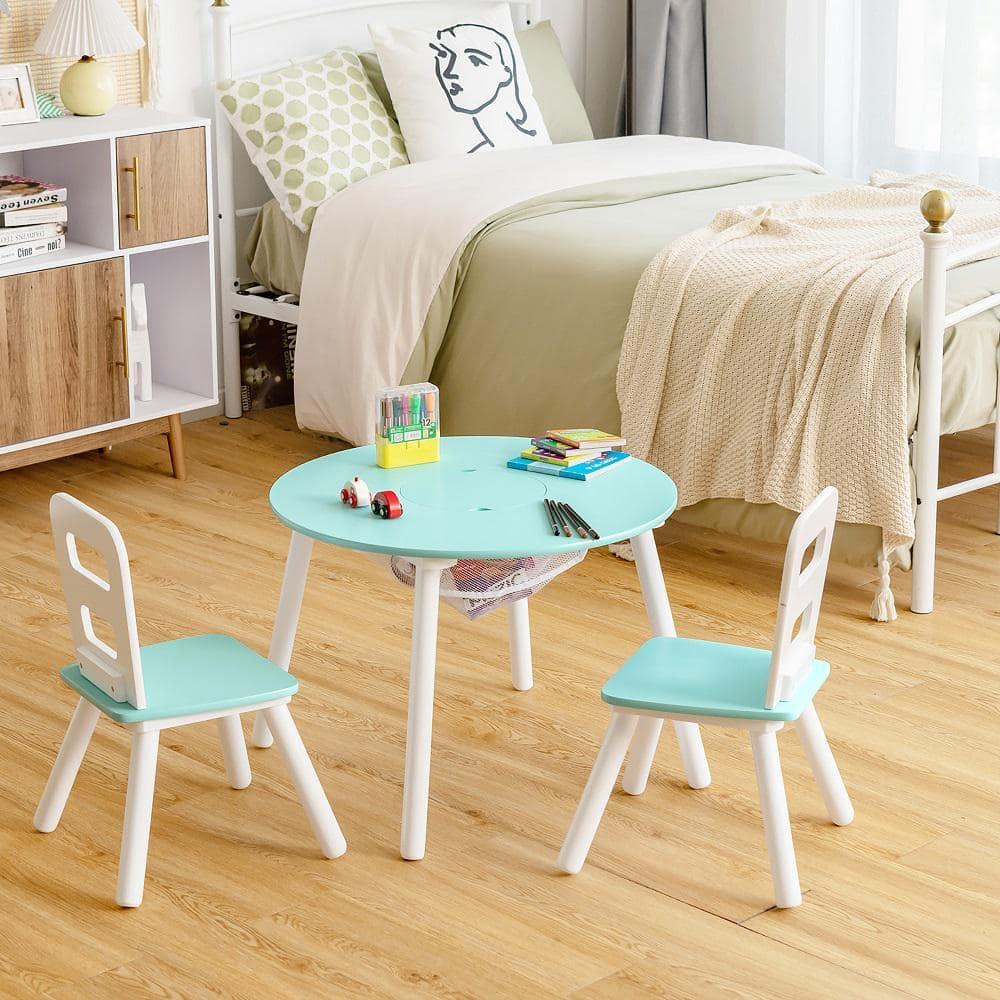 INDSUMOT Kids Table and Chair Set, Wooden Children Activity Table and 2 Chairs for Art & Craft, Storage Mesh Basket, 3-Piece Toddler Furniture Set for Daycare & Playroom, Gift for Boys Girls(Blue)