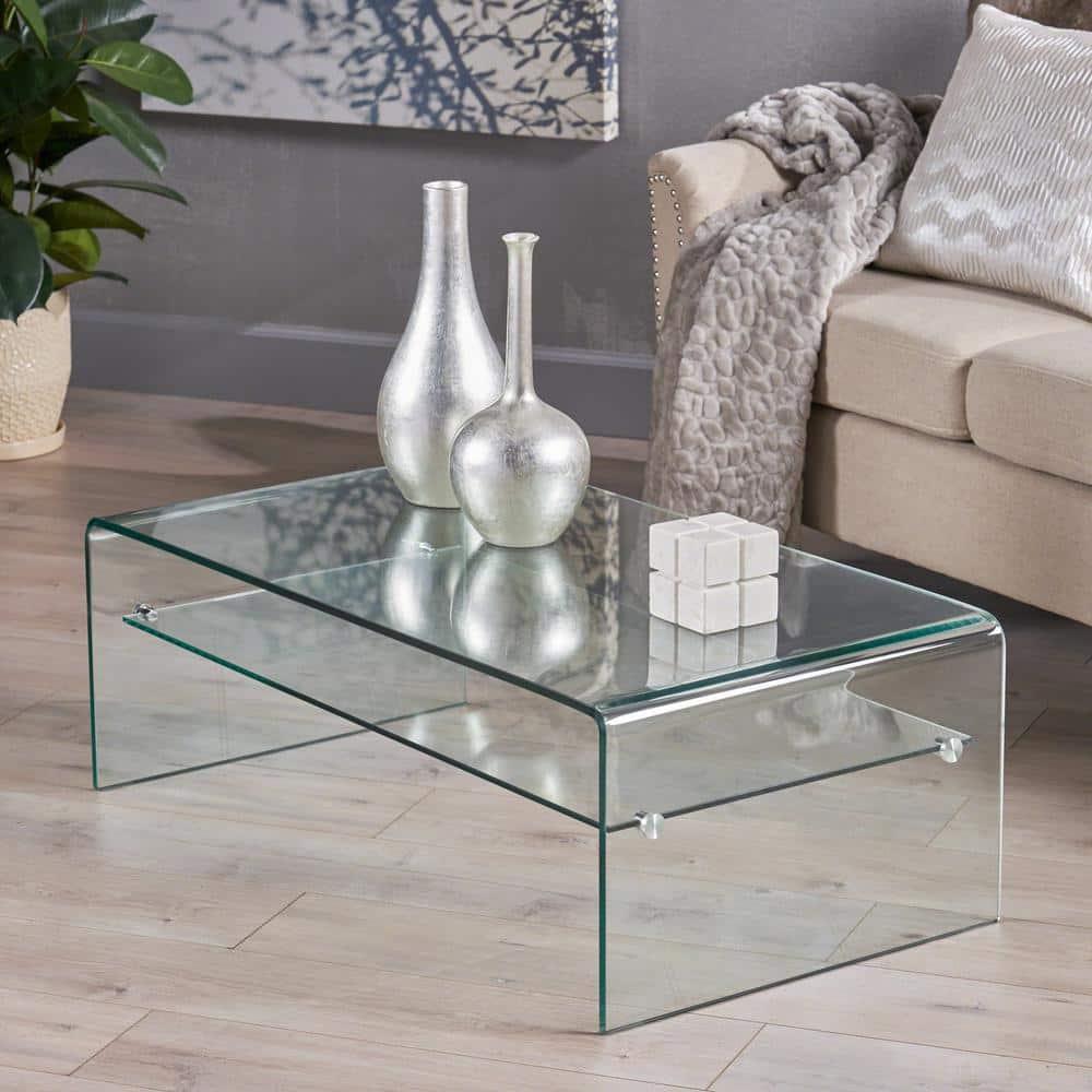 Sleek Mirage 39.4" Clear Tempered Glass Rectangular Coffee Table with Shelf