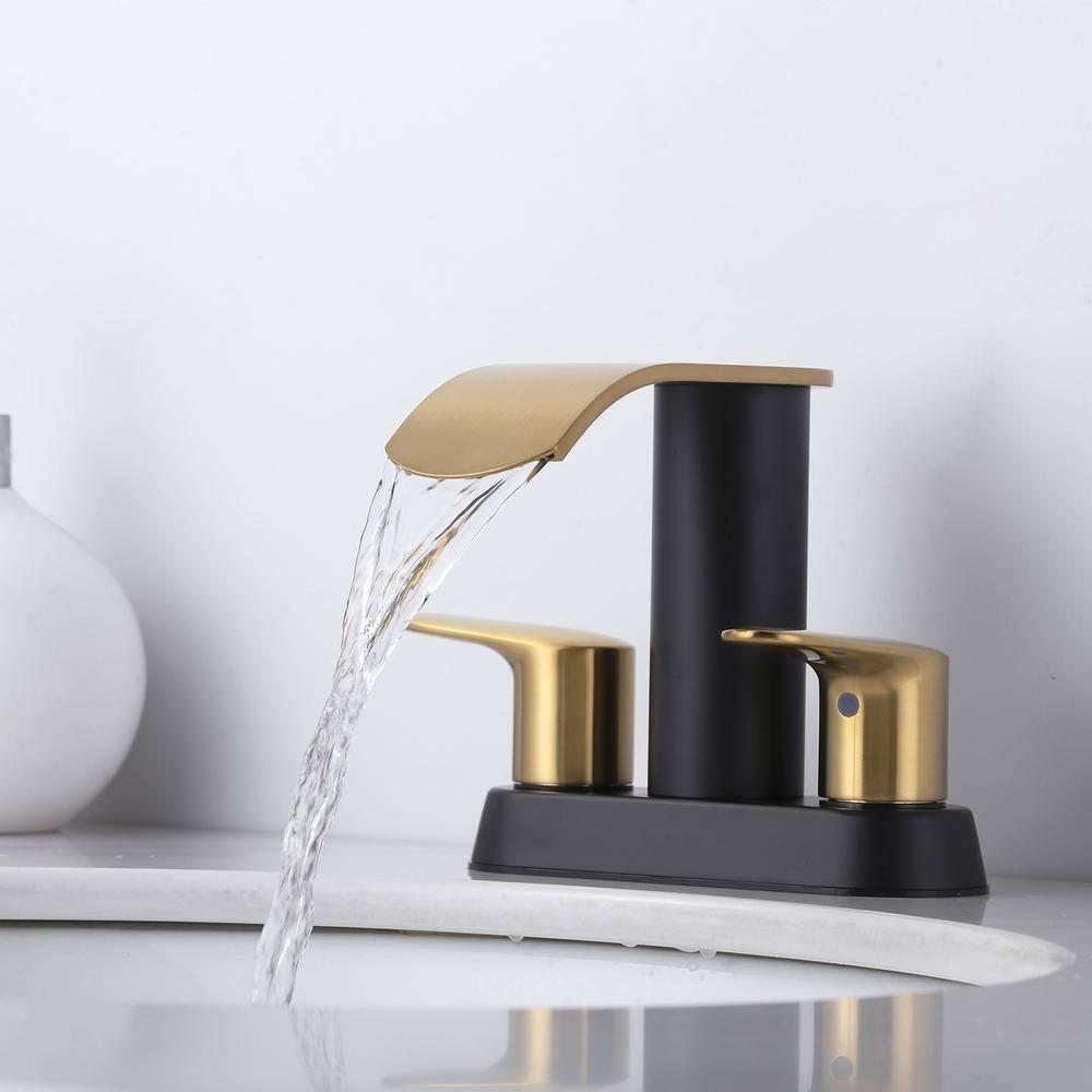 Aleasha 4-inch Centerset Double Handle Waterfall Bathroom Sink Faucet with Pop-up Drain Kit AL-2C69GB