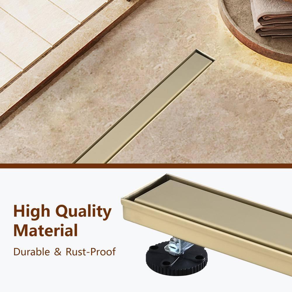 Linear Shower Floor Drain, Brushed Gold 30 Inch 304 Stainless Steel Bathroom Drains Kit, Rectangular Shower Trench Drain with Reversable Tile-in Pattern Drain Cover & Hair Catcher