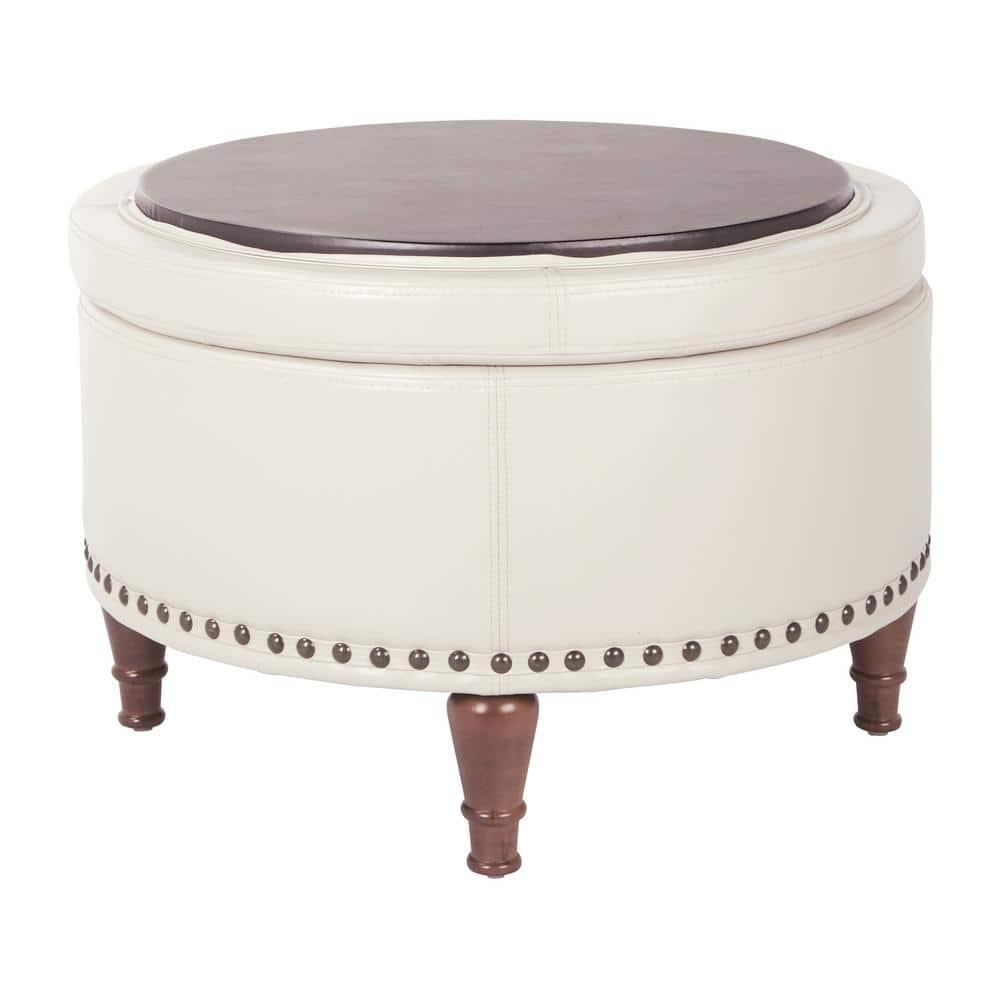Alloway Storage Ottoman Cream - OSP Home Furnishings: Mid-Century Modern, Faux Leather, Wood Legs, Nailhead Trim