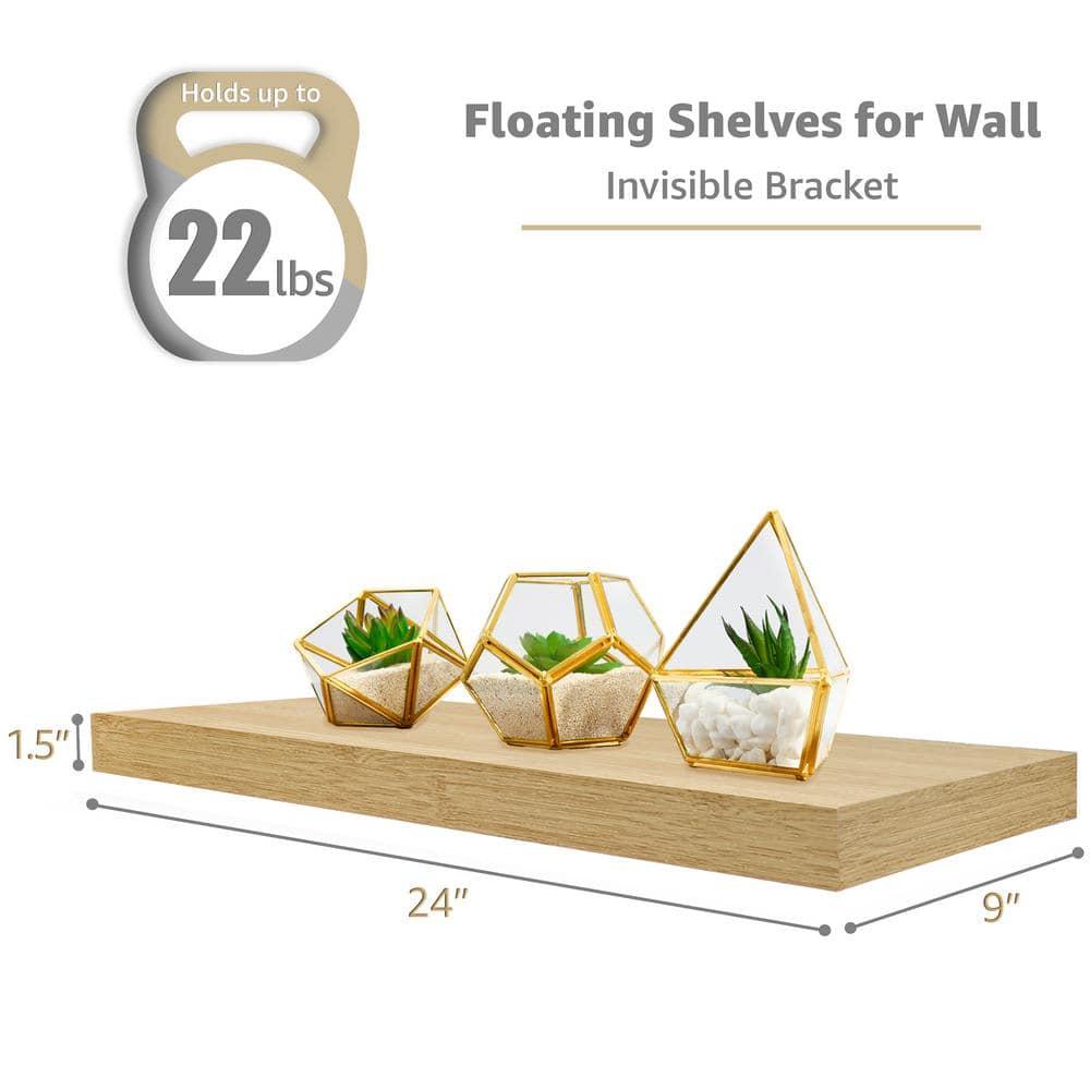 Set of 3 (24"x9") Sorbus Rectangle Floating Shelves with Invisible Brackets - for Bedroom, Kitchen Decor, Bathroom Shelves (Maple)