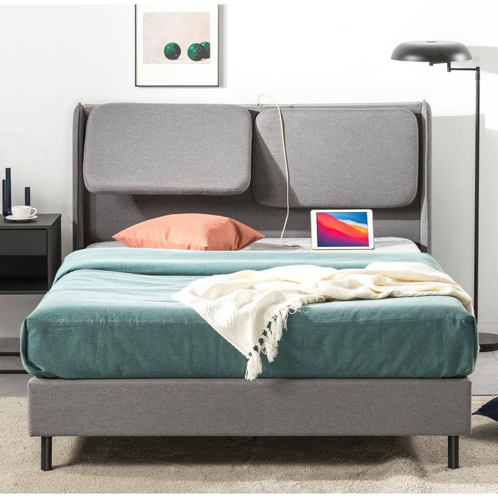 Zinus 41" Avery Platform Bed, Reclining Fabric Headboard and USB Ports, Grey, Full