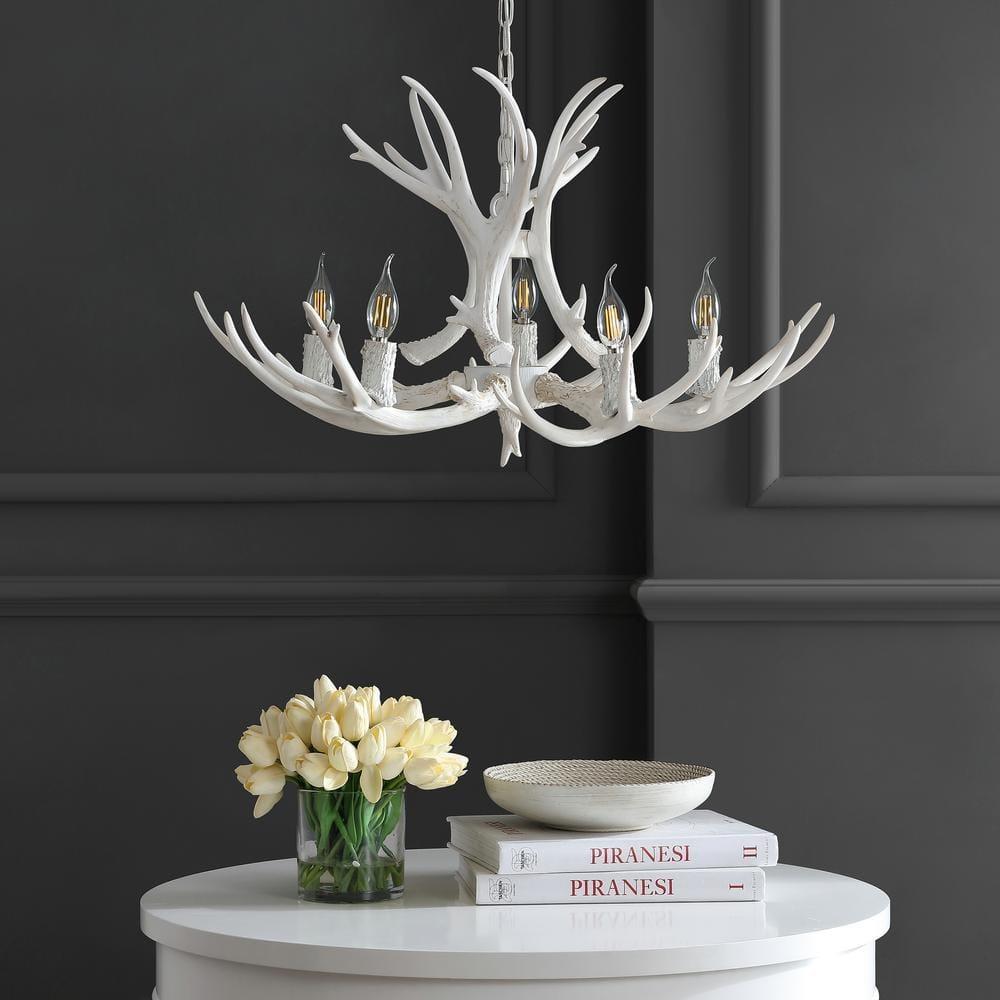 JONATHAN Y Eldora 30" Adjustable Resin Antler 5-Light LED Chandelier, White