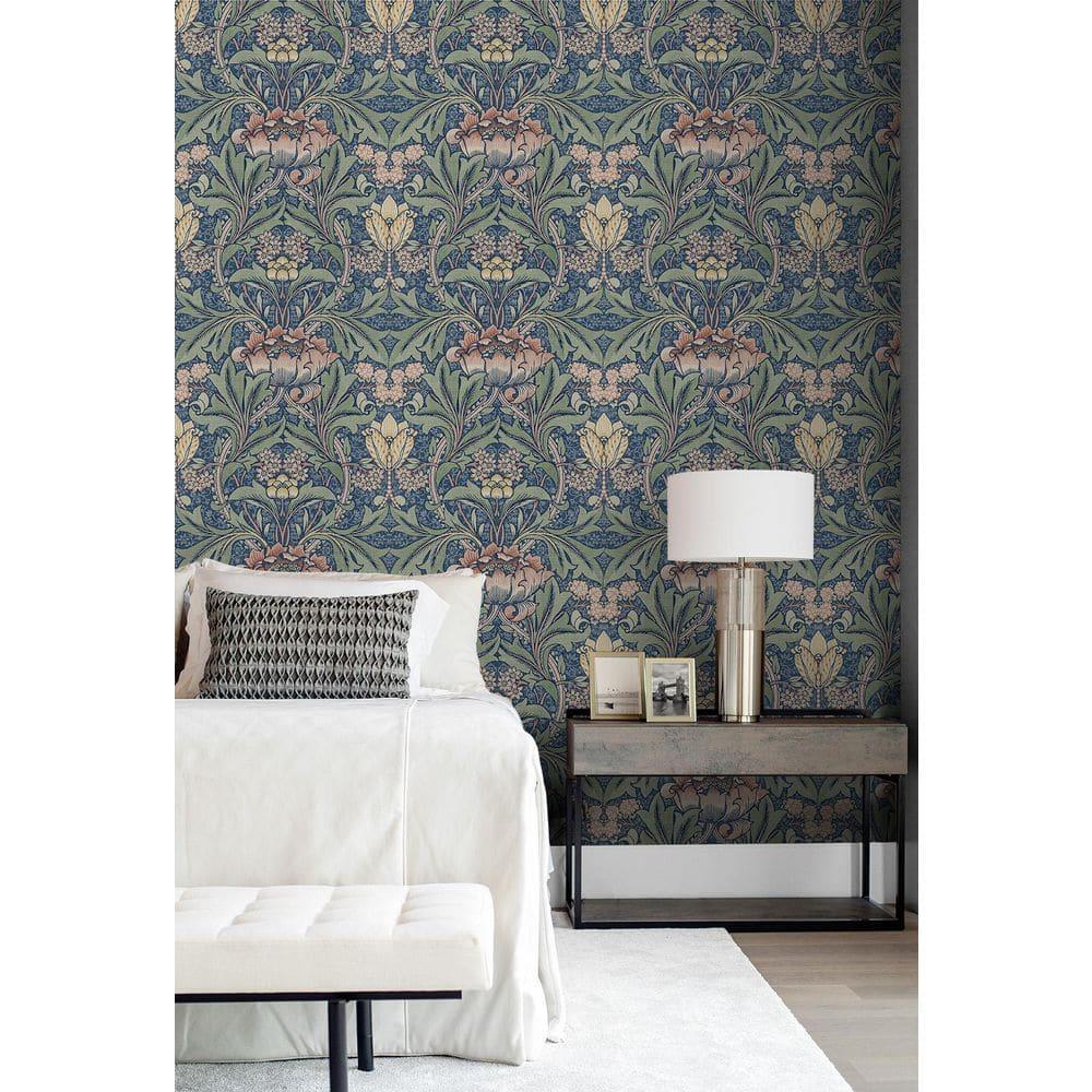 Seabrook Designs  Acanthus Floral Prepasted Wallpaper 20.5 in. W x 33 ft. L - Denim Blue & Salmon