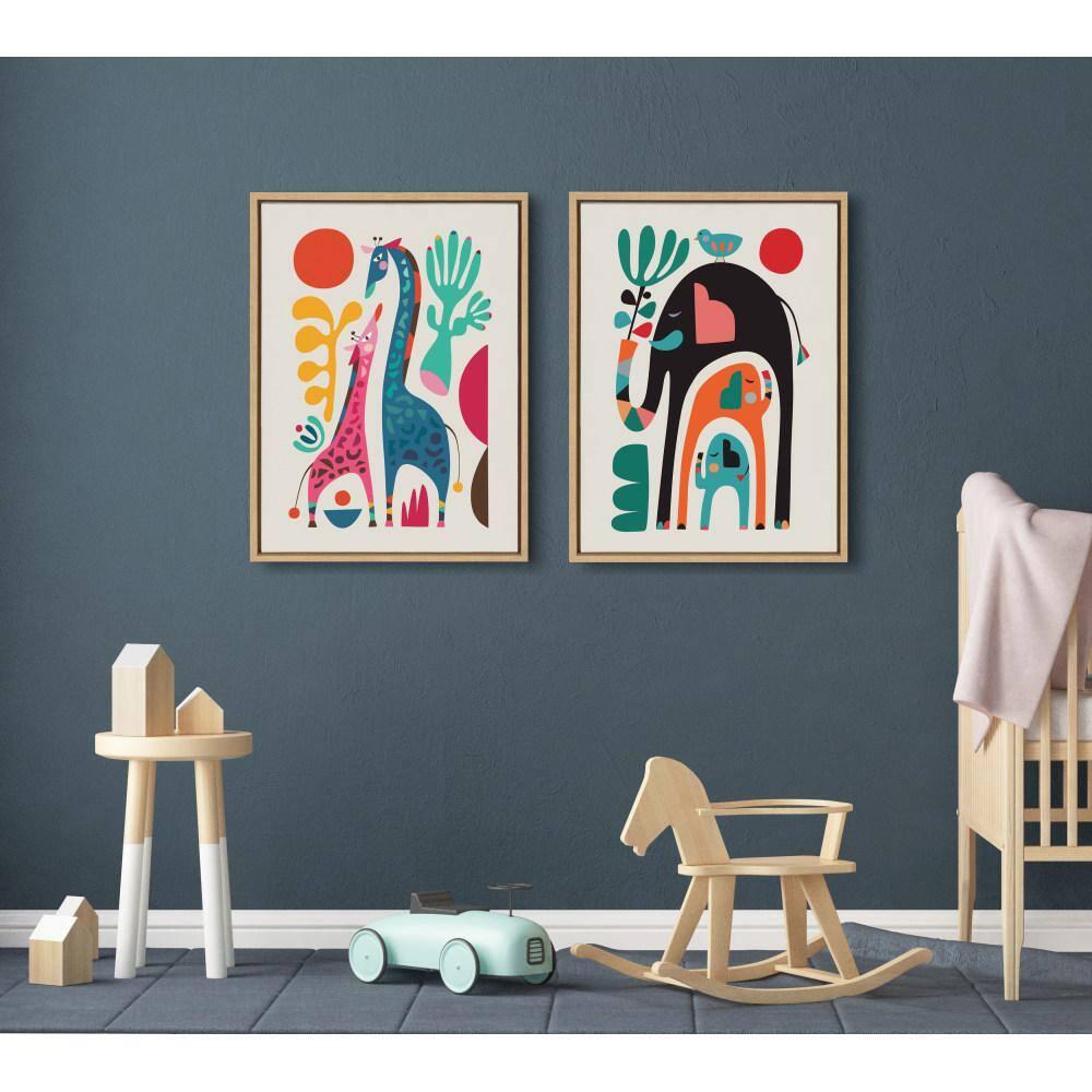 18" x 24" Sylvie Three Elephants Framed Canvas Wall Art by Rachel Lee Natural - Kate and Laurel